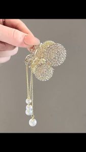 F4 Jepit Rambut Korea Bahan Alloy Aksen Kristal Permata dengan Rumbai Mutiara Moonstone HMT