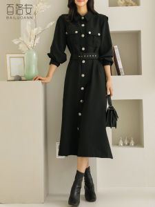 BAILUOANN | Bailuan Womens Long Sleeve Dress Commute Midi A-Line Skirt Single Button High Waist Belted Pure Color Simple Style Spring Autumn