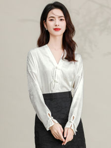 New Chinese Style V-Neck Long Sleeve Shirt Womens Traditional Hanfu Top White Collar Plane Sleeve Commute Simple Straight Cut