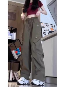 กางเกงทำงานสีเขียวทหารบุขนแกะ กางเกงขายาวทรงหลวมสไตล์ฮิปฮอปสำหรับผู้หญิงในฤดูใบไม้ร่วงและฤดูหนาว ป้องกันน้ำ ใส่ได้หลากหลายโอกาส