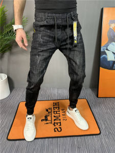 Black Slim Fit Mens Jeans Trendy Casual Pants Harlan Denim Tight Mens Pants Versatile Cuffed Pants Autumn Season