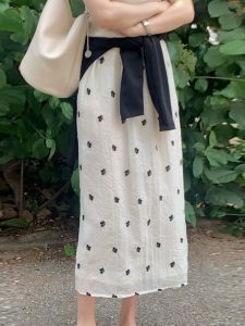 Elegant Embroidered Floral Half Skirt Korean Style High Waist Midi Skirt Commute Polyester Fabric Cherrykoko Summer New Arrival