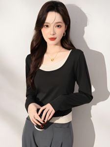 Spring 2025 Womens Short Sleeve T-Shirt Patchwork Design Pure Cotton Slim Fit Fake Two-Piece Sweet Style Online Exclusive