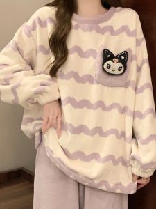 Thickened Coral Fleece Womens Sleepwear Set Cute Hello Kitty Flannel Home Clothes Long Sleeve round Neck Print Pants for Autumn Winter