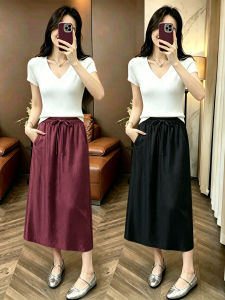 Elegant Youthful Set Silk Blend T-Shirt V-neck Half Skirt