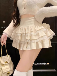 Váy Ngắn Chữ a Xếp Nếp Ren Cạp Cao Ôm Vừa Vặn Cho Nữ Mùa Thu 2025 Váy Midi Chữ a Phong Cách Đường Phố Cổ Tròn