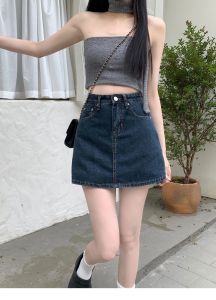 Womens Y2K High-Waist Mini Skirt Deep Blue Denim Spring Summer Slimming Flattering Wrap Around Skirt for Full Coverage