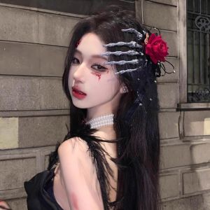 Halloween Dark Gothic Wine Red Rose Skeleton Finger Hair Clip Devil Wings Prop Party Costume Accessory for Adults Special Hair