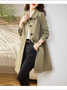 Green Windbreaker Womens Mid Length Long Length Small 2024 Autumn New Arrival Fashion Elegant Coat Korean Version for Commuter Overalls