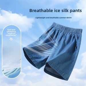 Girls Summer Thin Ice Silk Shorts Lightweight Casual Jeans Blue Versatile Pants for Medium to Large Children Breathable Five-Quarter Length