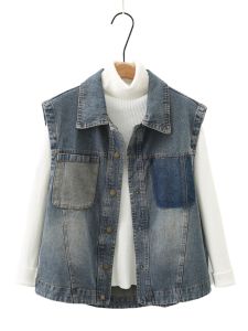 Fashionable Patchwork Color Denim Jacket with Pockets Vintage Style Oversize Vest Coat for plus Size Women Autumn Wear