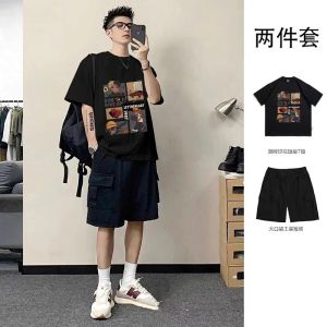 เสื้อยืดแขนสั้นผ้าฝ้ายแท้สไตล์อเมริกันสำหรับผู้ชาย ชุดลำลองฤดูร้อน ทรงหลวม ขาสั้น ทรงวินเทจ เสื้อยืดคอกลม