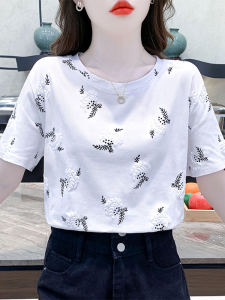 เสื้อยืดคอกลมแขนสั้นพิมพ์ลายคอตตอนหลวมๆ สีขาว ทรงหลวม ทรงเข้ารูป เสื้อผ้าทำงานสไตล์เกาหลีสำหรับผู้หญิงในฤดูร้อน