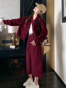 Red Denim Jacket And Mini Skirt Two-Piece Set Casual Style Womens Fashion Spring Collection Compact Size Jacket Ensemble