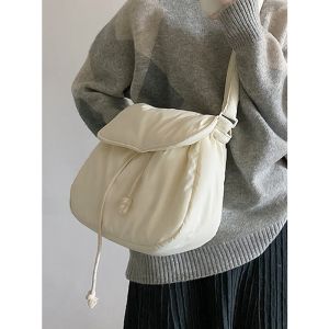 Womens Bag 2024 New Arrival Soft Cute Wild Flip Drawstring Cloud Cotton Canvas Bag Shoulder Messenger Bag Fashion