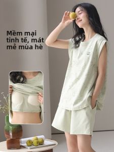 MiiOW | Áo ngủ cotton nguyên chất MiiOW dành cho nữ mùa hè mỏng thoáng khí có đệm ngực mặc nhà cỡ lớn phong cách thể thao quần short