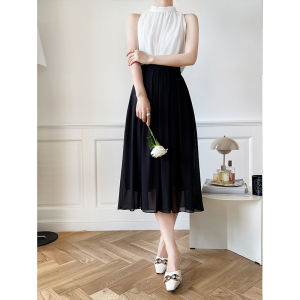 กระโปรงจีบผ้าชีฟองเอวสูง กระโปรงยาวปานกลาง กระโปรงสั้นฤดูร้อน สไตล์หวานๆ สำหรับผู้หญิง กระโปรงทรงเอสีขาว