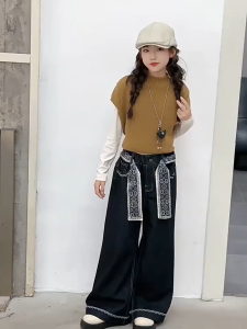 Girls Jeans Korean Street Style  Silk Belt Loose Maong pants for Kids Girl Sweetkids Wide Leg Trousers High Qulity