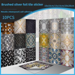 10pcs Brushed Silver Foil Tile Stickers 10/15/20CM Metallic Texture Wall Decal Paper Sticker Home Decoration for Smooth Surface