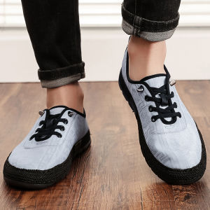 Retro Beijing Cloth Shoes Embroidered Mens Slip-On Breathable Canvas Casual Shoes Low Cut Glue-Welded Flat Heel Spring Autumn