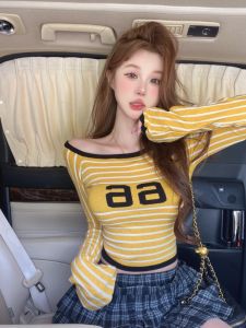 GUZILIAN | Retro American Color Block Striped Digital Print One Shoulder Womens Early Autumn New Sport Girl Knitted Sweater Short Style