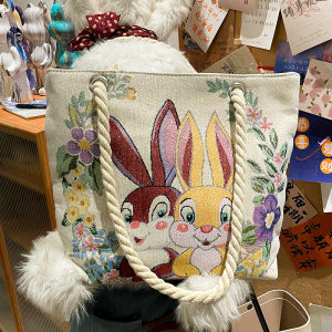 Rabbit Double Sided Embroidery Canvas Bag Young and Middle-Aged Satchel Shoulder Bag Shopping Bag Work Travel Neutral Linen Sack