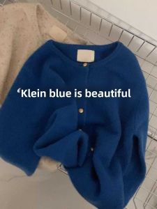 Fall and Winter Fancy Klein Blue round Neck Cardigan Sweater Outwear Womens K-style Gold Buckle Raccoon Velvet Knitting Tops