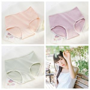 กางเกงชั้นในทรงสามเหลี่ยมเอวสูงผ้าฝ้ายแท้ Pure Cotton สำหรับผู้หญิง กางเกงชั้นในสตรีสีแมคaron สไตล์เรียบง่าย เอวกลาง ชุดชั้นในเยาวชน