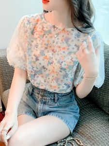 Fashionable Beaded Bubble Sleeve Shirt Short Sleeve Chiffon Floral Womens Elegant Top Commute Style round Neck Other Material