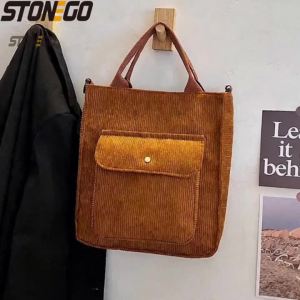 Vintage Corduroy Shoulder Bag for Women Zipper Casual Tote Shopping Bag Girls Student Bookbag Handbags with Outside Pocket