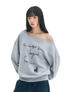 Archivum Comfortable Oversized Shoulder Slanting Sweatshirt Double Wear Womens Casual Vintage Slogan Lettering Autumn Top
