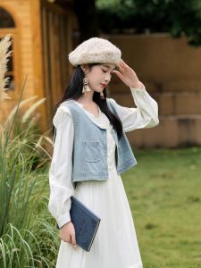 Artistic Vintage Loose Denim Vest Womens Outerwear Top Short Style Solid Color Chinese Brand Commute Style Fall New Arrivals
