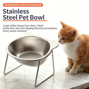 304 Stainless Steel Raised Cat Bowl with 15° Elevated Design Tilted Neck Guard Healthy Feeding Water Shatterproof for Cats