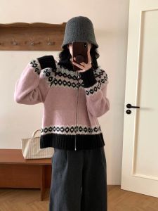 Dày Giáng Sinh Năm Mới Khí Quyển Áo Len Nữ Thu Đông Thiết Kế Mới Màu Sắc Tương Phản Dệt Kim Áo Khoác Ngoài