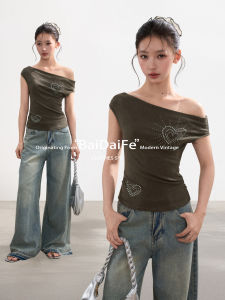 BAIDAIFEI | Spicy American Off-Shoulder Crop T-Shirt