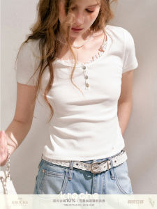 Kroche Blokette Short Sleeve U-Neck T-Shirt French Lace Trim Splice Slim Fit Womens Summer Cotton Polyester Blend Tee
