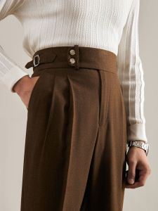 JUESION Italian Neapolitan Casual Mens Pants Paris Button Adjustable Business Gentleman Straight Leg Suit Long Trousers