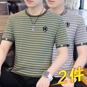 New 2025 Mens Ice Silk Stripe Short Sleeve T-Shirt Lightweight Breathable Quick Dry Casual Base Layer Sweatshirt Summer Fashion