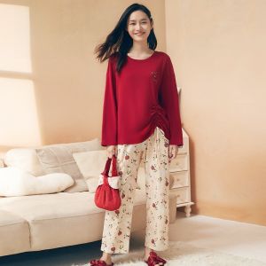 LUNILAI | ชุดนอนผู้หญิงผ้าฝ้ายแท้แขนยาวสีแดงโชคดีสำหรับฤดูใบไม้ร่วงและฤดูหนาว ชุดนอนผ้าฝ้ายแท้สไตล์ใหม่สำหรับสวมใส่อยู่บ้าน