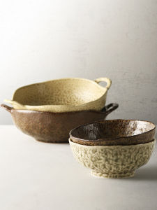 Handmade Ceramic Salad Bowl Double Ear Rice Bowl Noodle Bowl Vintage Style Household Dining Utensils Heat Resistant Bowl