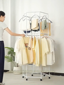 SPACEMADER 360° Rotating Clothes Rack Mobile Drying Rack Hexagonal Rotatable Clothing Rack with Wheels