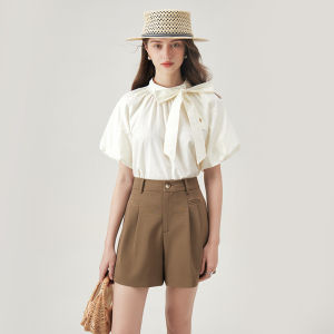 Versatile Loose Fit Short Sleeve Shirt Womens Detachable Straps French Style Anti-Aging Summer New Arrival Casual Cotton Shirt