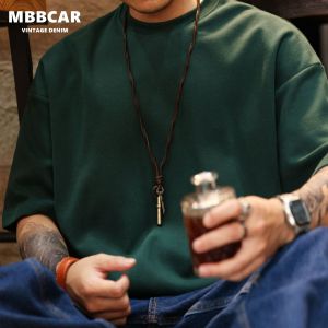 Mbbcar thương hiệu mỹ Heavyweight tay ngắn đơn giản áo phông dành cho nam và nữ lỏng 305g màu xanh lá cây đậm cổ tròn chia vai tay áo TEE