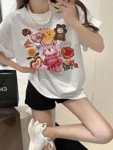 Pure Cotton Short Sleeve T-Shirt 220g Dragon Fruit Color Slimming Womens Korean Style Casual plus Size Female Top