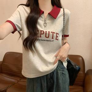 Polo Collar Shoulder Short sleeve T-shirt Women Half Zipper Summer Korean Style Loose Design Sense Niche College Wind Clothes
