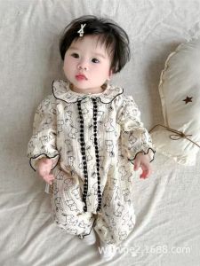 Pure ผ้าฝ้าย แขนยาว เด็กทารก Romper ชุดสูท สําหรับการพิมพ์สไตล์เจ้าหญิงทารกแรกเกิด ดีไซน์ ฤดูใบไม้ผลิ ฤดูใบไม้ร่วง เสื้อผ้าออกนอกบ้าน น่ารัก ลายกระต่าย