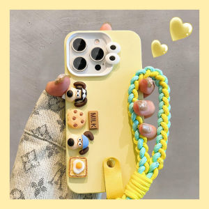 CrashStar 3D Cartoon Puppy Cookies Cream Yellow Silicone Shockproof Phone Case for iPhone 16 15 14 Pro Max Plus 13 12 11 Pro Max Cute Fashion Soft Phone Casing Creative Protective Cover With Woven Lanyard String Hot Sale