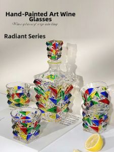 Handcrafted Creative Depiction Whiskey Glass Set Colorful Home Use Crystal Glass Retro International Liquor Cup 947g