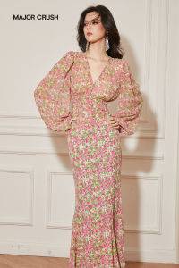 Tender Pink Floral Long Sleeve Designer Dress Set