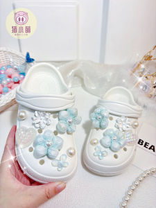 White Fabric Blue Flower Heart Hole Shoes Anti-Slip Slippers for Girls Children Outdoor Wear Summer Breathable Princess Style EVA Material